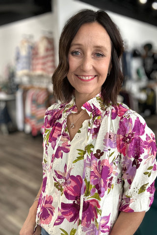 Iva Floral Printed Eylet Blouse