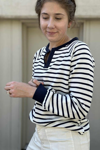 Nia Ivory/Navy Seersucker Striped Knit Top