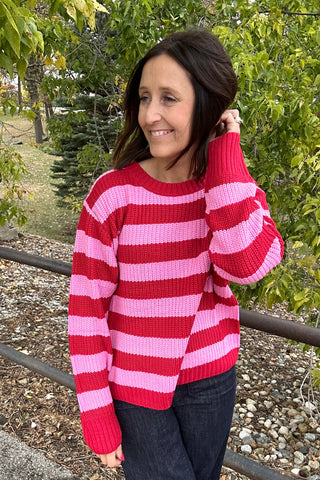 Claire Pink & Red Striped Sweater