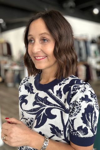 Emilee Floral Jacquard Puff Short Sleeve Sweater