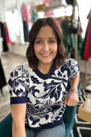 Emilee Floral Jacquard Puff Short Sleeve Sweater