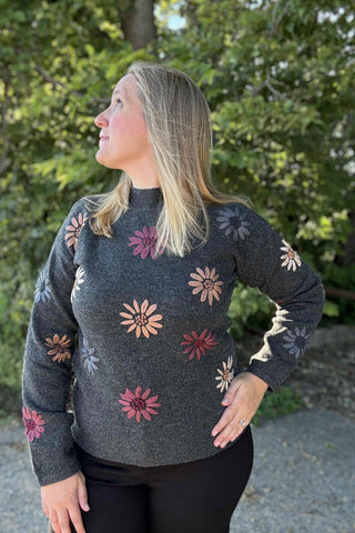 Charlie B Charcoal Embroidered Mock Neck