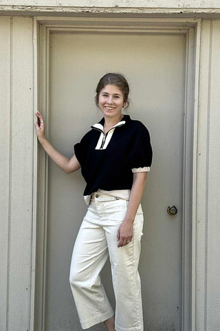 Micki Textured Half Zip Mock top with Stripe & Zipper