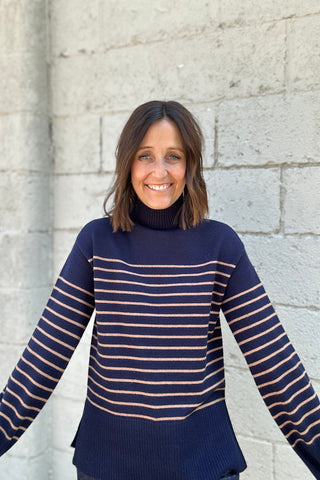 Charlie B Navy Striped Mock Neck Sweater