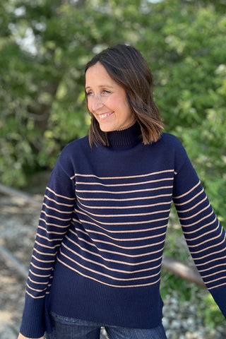 Charlie B Navy Striped Mock Neck Sweater