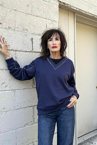 Holly Navy French Terry V Neck Sweatshirt