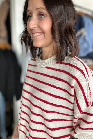 Red Stripe Raw Edge Sweater