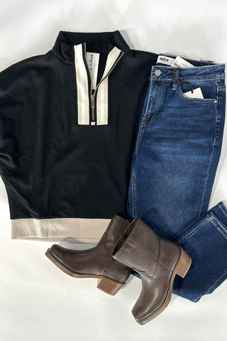 Micki Textured Half Zip Mock top with Stripe & Zipper