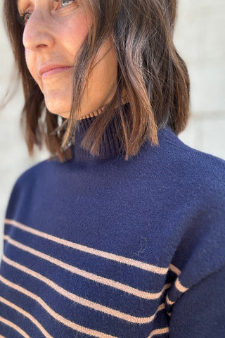 Charlie B Navy Striped Mock Neck Sweater