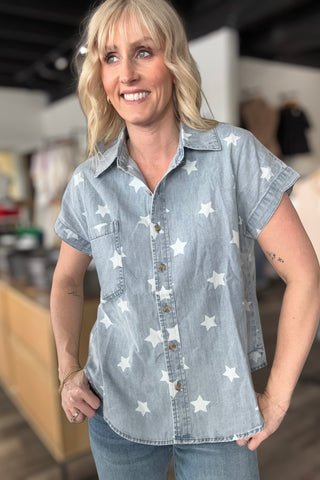 Darlene Washed Denim Short Sleeved Star Top