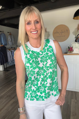 Danica Green Crew Neck Sleeveless Floral Printed Sweater Tank