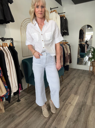 Charlie B Blue & White Pinstripe Wide Leg Pants