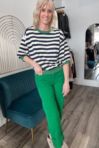 Greta Navy Striped Bubble Sleeve Sweatshirt