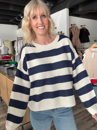 Samantha Navy Striped Puff Sleeve Sweater