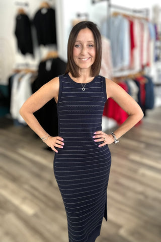 Charlie B Navy Striped Crew Sweater Dress - The Funky Zebras Clear Lake