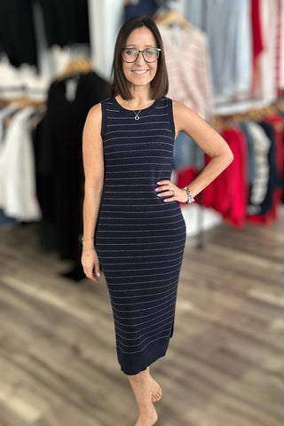 Charlie B Navy Striped Crew Sweater Dress - The Funky Zebras Clear Lake