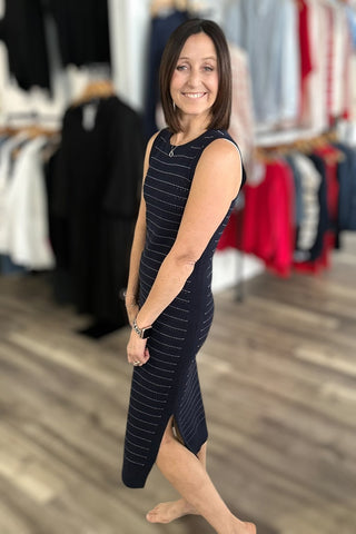 Charlie B Navy Striped Crew Sweater Dress - The Funky Zebras Clear Lake