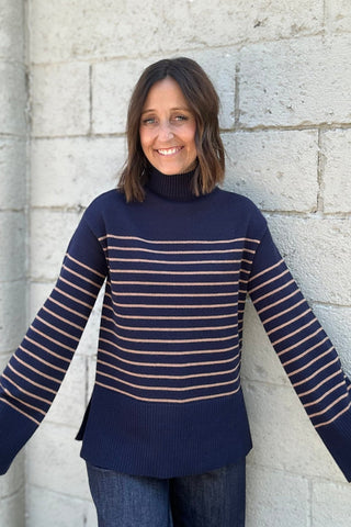 Charlie B Navy Striped Mock Neck Sweater - The Funky Zebras Clear Lake