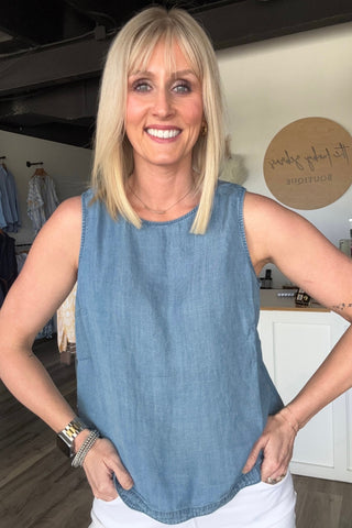 Charlie B Scallop Hem Back Button Sleeveless Top - The Funky Zebras Clear Lake