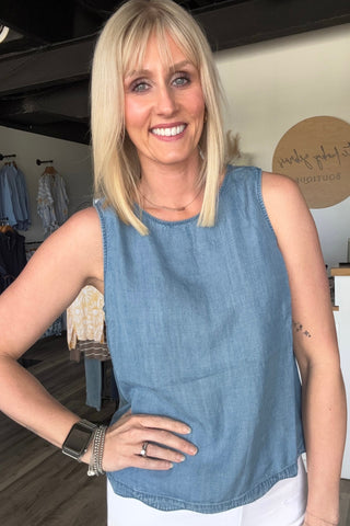 Charlie B Scallop Hem Back Button Sleeveless Top - The Funky Zebras Clear Lake