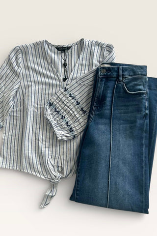 Charlie B Tie Front Embroidered V Neck - The Funky Zebras Clear Lake