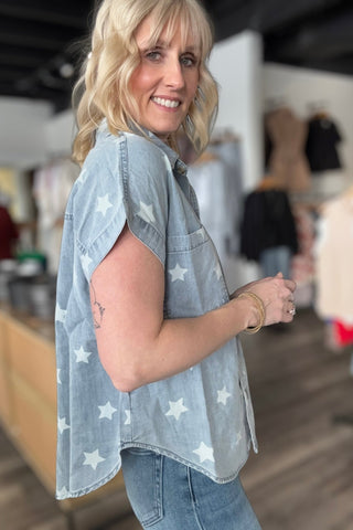Darlene Washed Denim Short Sleeved Star Top - The Funky Zebras Clear Lake
