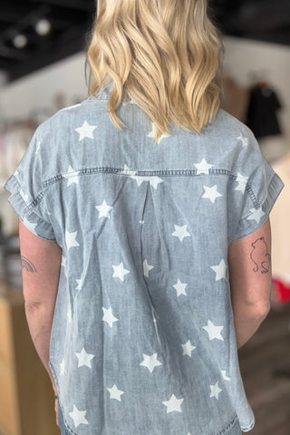 Darlene Washed Denim Short Sleeved Star Top - The Funky Zebras Clear Lake