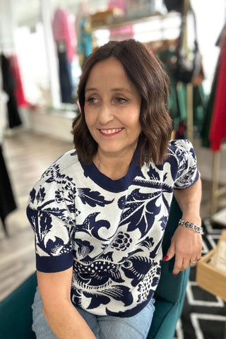 Emilee Floral Jacquard Puff Short Sleeve Sweater - The Funky Zebras Clear Lake