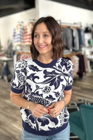 Emilee Floral Jacquard Puff Short Sleeve Sweater - The Funky Zebras Clear Lake