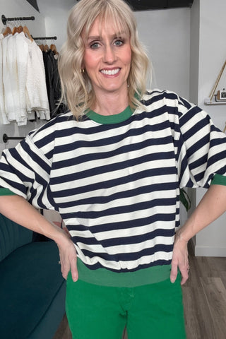 Greta Navy Striped Bubble Sleeve Sweatshirt - The Funky Zebras Clear Lake