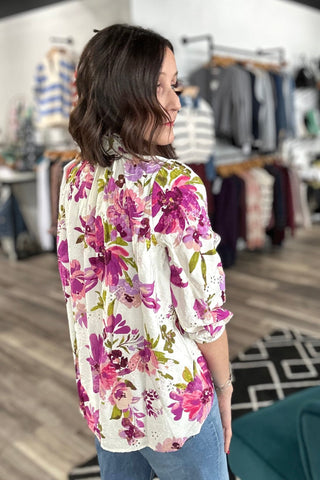 Iva Floral Printed Eylet Blouse - The Funky Zebras Clear Lake