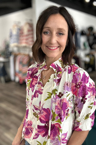 Iva Floral Printed Eylet Blouse - The Funky Zebras Clear Lake