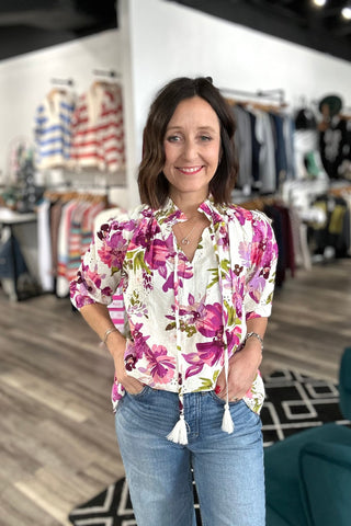 Iva Floral Printed Eylet Blouse - The Funky Zebras Clear Lake