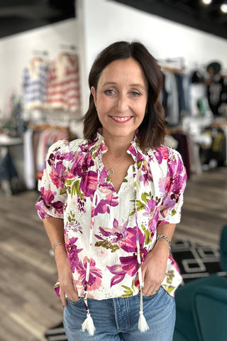 Iva Floral Printed Eylet Blouse - The Funky Zebras Clear Lake