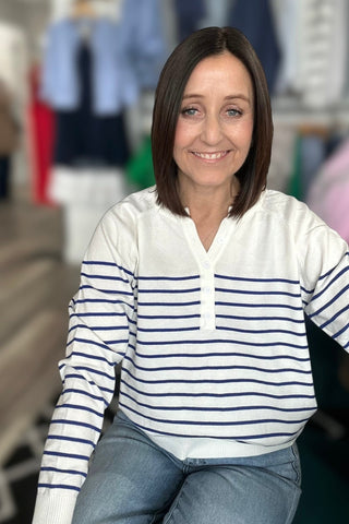 Jana Off White & Blue Striped Long Sleeve Sweater - The Funky Zebras Clear Lake