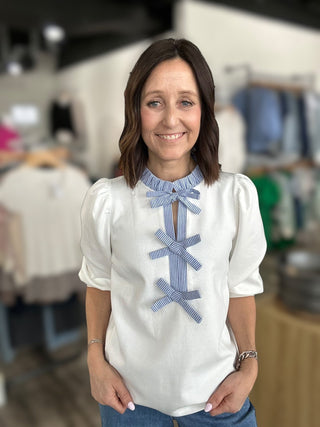 Kirsten Off White Three Quarter Sleeve Top with Bow Detail - The Funky Zebras Clear Lake