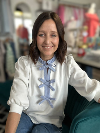 Kirsten Off White Three Quarter Sleeve Top with Bow Detail - The Funky Zebras Clear Lake