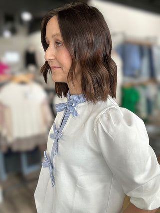 Kirsten Off White Three Quarter Sleeve Top with Bow Detail - The Funky Zebras Clear Lake