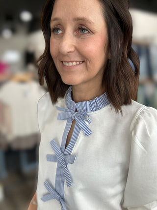 Kirsten Off White Three Quarter Sleeve Top with Bow Detail - The Funky Zebras Clear Lake