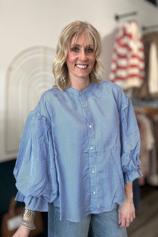 Mary Pinstripe Bubble Sleeve Blouse - The Funky Zebras Clear Lake