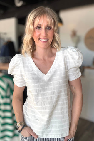 Maxine White Texture V Neck Top - The Funky Zebras Clear Lake
