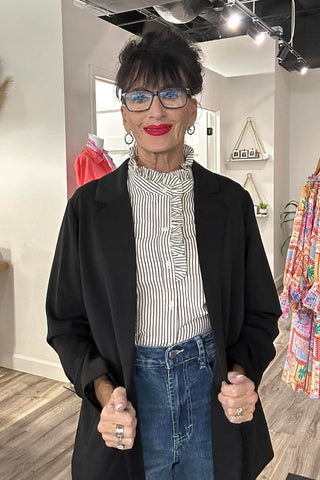 Miranda Taupe Frill Detail Striped Button Down - The Funky Zebras Clear Lake