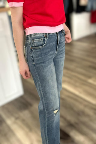 Rayna Dark Wash Cuffed High Rise Classic Straight Jeans - The Funky Zebras Clear Lake