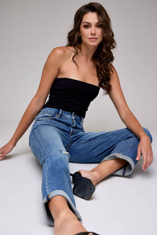 Rayna Dark Wash Cuffed High Rise Classic Straight Jeans - The Funky Zebras Clear Lake