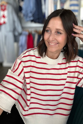 Red Stripe Raw Edge Sweater - The Funky Zebras Clear Lake