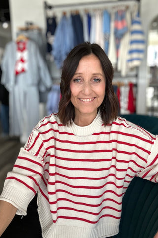 Red Stripe Raw Edge Sweater - The Funky Zebras Clear Lake