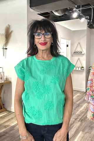 Reese Cap Sleeve Foral Applique Green Top - The Funky Zebras Clear Lake