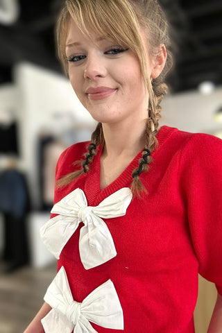 Riley Puff Sleeve Bow Sweater - The Funky Zebras Clear Lake