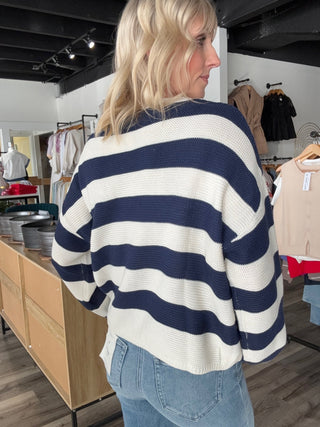 Samantha Navy Striped Puff Sleeve Sweater - The Funky Zebras Clear Lake
