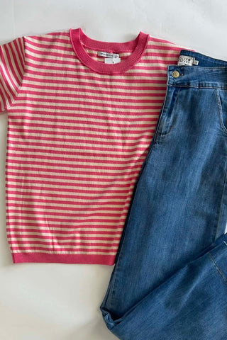 Starr Pink Crew Neck Half Sleeve Striped Sweater - The Funky Zebras Clear Lake